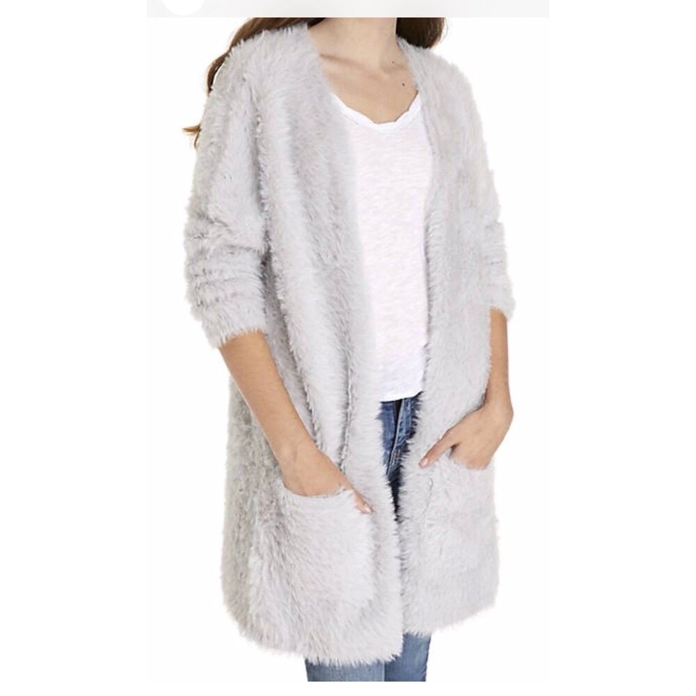 FREE PEOPLE size XS silver gray Faux Fur Cardi Sweater Cardigan Silver $148.